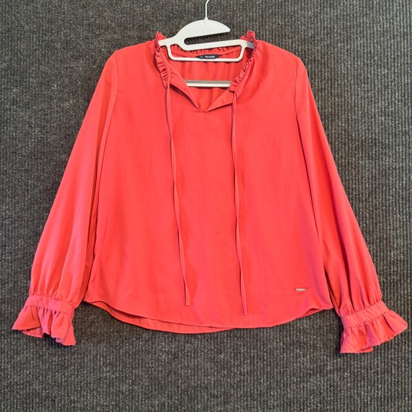 Allen Solly Tops - Allen Solly Blouse Women M Coral Pink Ruffle Tie Neck Jacquard Dot Long Sleeve